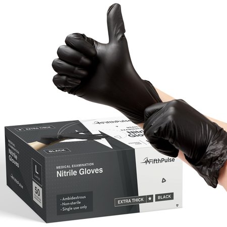 Fifthpulse Nitrile Exam Gloves, 4.5 ml Palm, Nitrile, Powder-Free, L, 50 PK, Black FP-FMN100431
